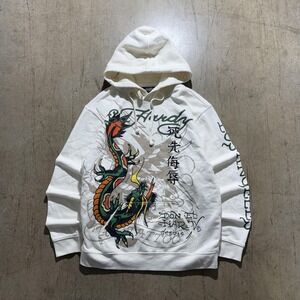 Ed Hardy Hoodie Sweatshirt Mens Medium White Pullover Dragon Tattoo Graphic